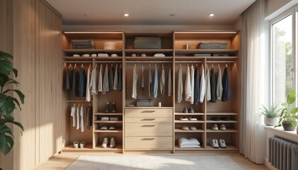 Expansive walk in closet with wood finish. Multiple shelves and hanging racks display neatly folded clothes and shoes. Drawers offer extra storage space. Sunlight streams through large window.