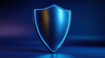 Blue metallic shield silhouette glowing with neon edge and soft reflection on dark studio background conveying protection confidence and futuristic security
