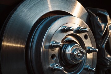 A closeup of a cars brake rotor hub and caliper showcasing their metallic surfaces and intricate details under bright light