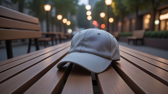 Casual gray hat rests on a wooden bench in a peaceful park setting at dusk, inviting relaxation and contemplation after a long day outdoors