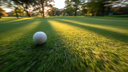 Golf ball on green grass with sunlight.
