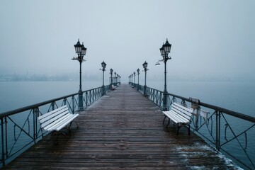 Obraz premium A pier stretching into foggy waters lined with antique street lamps and benches