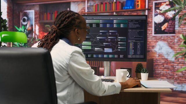Teleworking computer scientist at home using PC to develop artificial intelligence self learning algorithms. African american woman working with AI machine learning software on PC, camera B