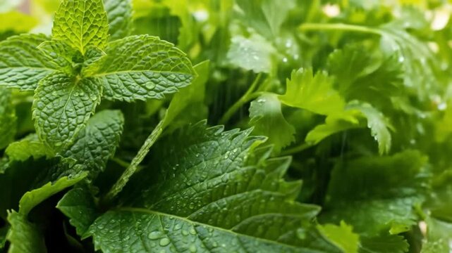 Closeup of fresh green mint leaves with water droplets