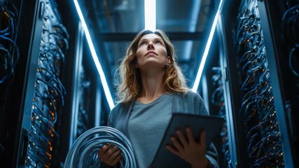 Tech Expert in Data Center: A female IT specialist stands amidst a network of servers in a high-tech data center. She holds a tablet.