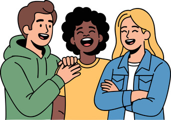 Fototapeta premium Friends in harmony: A friendly embrace of three persons sharing laughter, creating a moment of togetherness and joy, emphasizing the bonds of friendship.