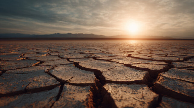Cracked dry earth in vast desert plain at sunset with dramatic sky and distant mountains, warm light and arid texture conveying heat and drought - Powered by Adobe