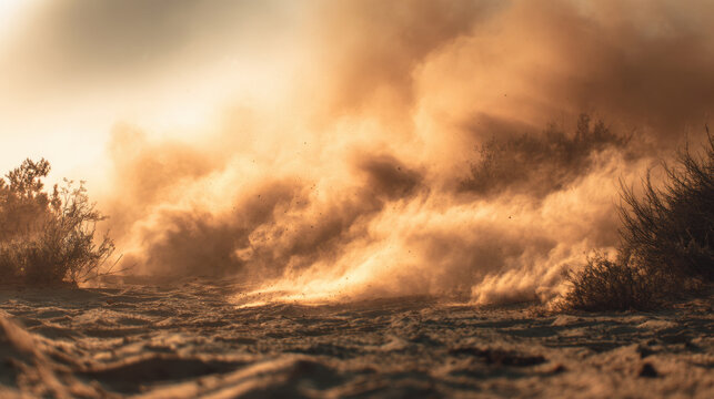 Golden desert dust swirling across sandy path at sunset, warm light illuminating airborne particles and low scrub creating dramatic atmospheric scene