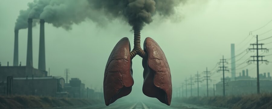Human lungs exposed to industrial smog near factories and power lines. Air pollution damages respiratory system. Environmental hazard affects health and planet.