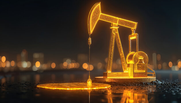 Golden oil pump jack glows against night city skyline. Crude liquid drips from drill into pool reflecting bright lights. Energy extraction signifies wealth and industry power.