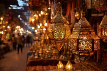 Golden Moroccan lanterns hang amid a blurred market scene softly lit