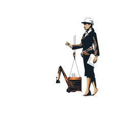 Woman Engineer Wearing Hard Hat and Suit Holding Blueprint Near Construction Crane and Excavator on Transparent Background