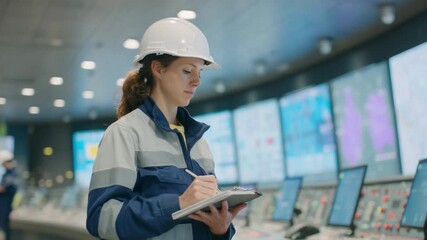 Precision and Control: An industrial engineer, donned in protective gear, meticulously documents vital data in a technologically advanced control room. The image conveys focus, technical precision.
