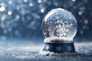 A snow globe with snowflakes set on a snowy surface against a bokehlit background