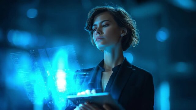 Visionary in Tech: A focused individual in a high-tech setting, interacting with a holographic display, embodying innovation and future technology. 