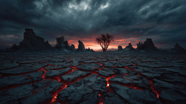 Lonely dead tree in cracked volcanic plain at dramatic dusk with glowing lava fissure under stormy sky - Powered by Adobe