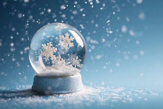 Snow globe with snowflakes inside set against a snowy blue backdrop capturing a winter scene