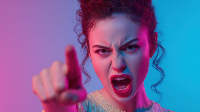 Angry woman pointing finger shouting portrait with colored lighting, expressive emotion and dramatic makeup