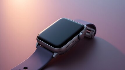 Sleek smart watch with violet band on soft pink background, perfect for stylish tech ads, mobile app promotions, and modern digital lifestyle marketing