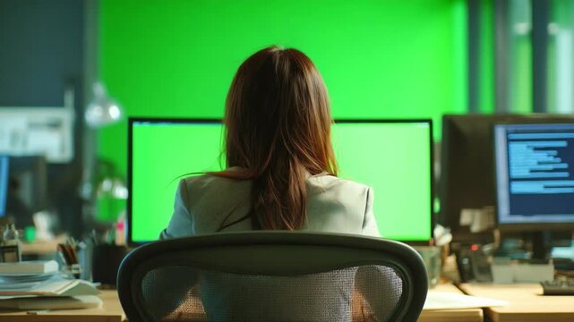 Woman At Computer With Green Screen: A woman works diligently at her desk in a modern office, her focus drawn to the vibrant green screen, offering creative opportunities.