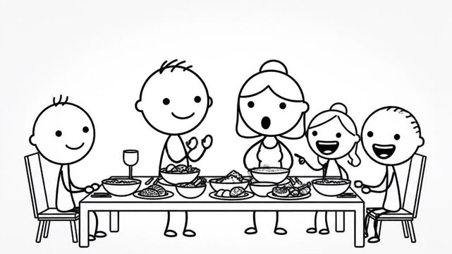 Happy Cartoon Stickman Family Enjoying A Delicious Meal Together At A Dining Table With Food In A Whimsical Hand Drawn Style With Simple Black And White Line