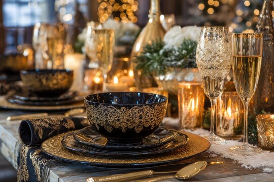 Ornate dinner setting black and gold plates bowls glassware candles tablecloth and cutlery on a weathered wood table
