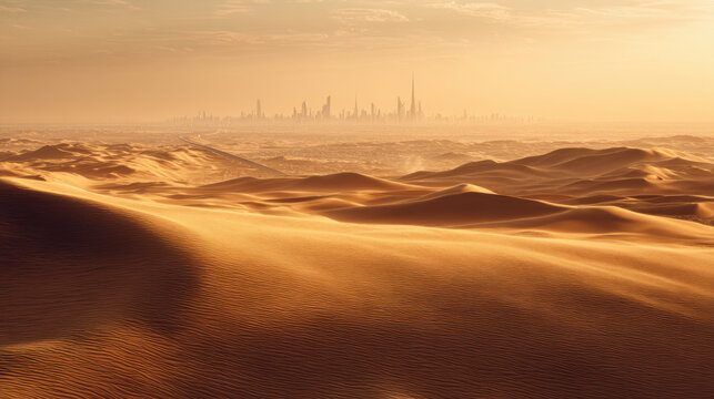 Golden desert dunes glowing at sunset with distant futuristic city skyline emerging through haze, cinematic warm light creating dramatic texture and serene atmosphere
