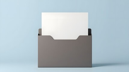 Sleek gray document holder with blank white papers against a serene light blue background perfect for modern office themes and presentations
