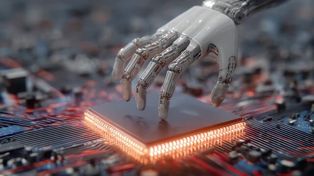 Digital Intelligence: A robotic hand interacts with a central processing unit (CPU), highlighting the essence of digital intelligence and the role of the CPU in advanced technology.