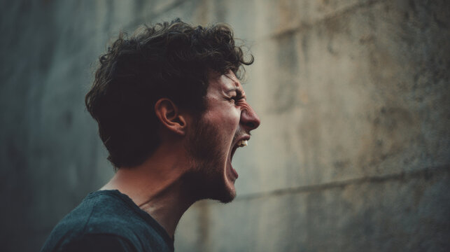 Young man screaming angry shouting side profile male portrait emotion expression wall