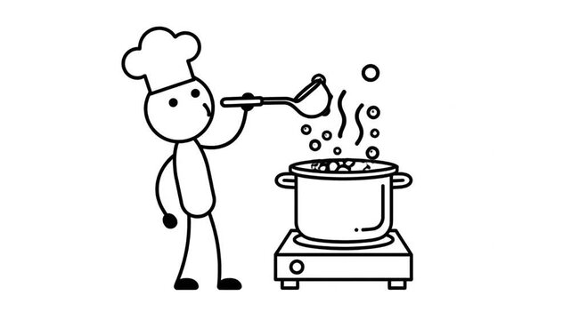 Happy Stickman Chef Character Stirring Boiling Water In A Pot On A Stove Top With Bubbles And Steam White Background Simple Line Art Animation