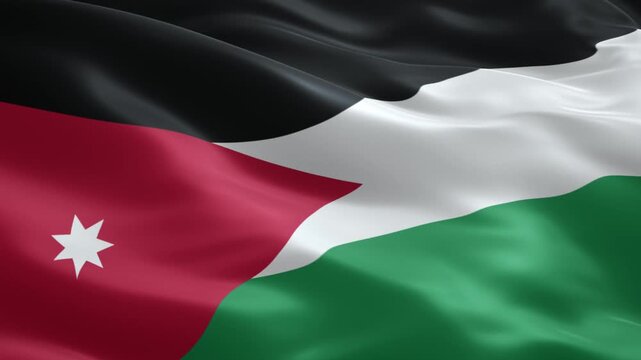 Waving flag of jordan with its distinct black, white, green stripes and red triangle featuring a white seven-pointed star, representing the nation's heritage and unity