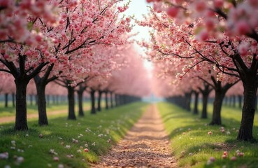 Pink blossoming trees line rural orchard path in spring. Gentle light illuminates countless delicate flowers on branches. Green grass covers ground with fallen petals, creating beautiful tranquil