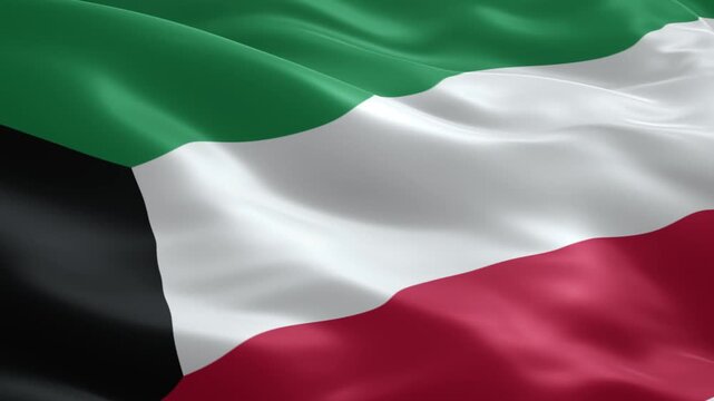 Waving flag of kuwait with vibrant national colors flowing in the wind, symbolizing patriotism, independence, national pride, and rich culture, detailed fabric texture.