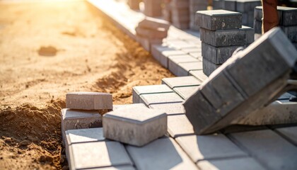Paving stones installation on sand ground during construction in bright sunlight.