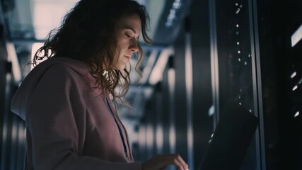 Woman in Server Room: A focused woman works on a laptop in a data server room, symbolizing the intersection of human ingenuity and technological prowess. She is surrounded by a network of technology. - Powered by Adobe