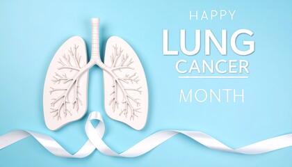 Lung Cancer Awareness Month Concept with Human Lungs Model, White Ribbon, and Promotional Text on Blue Background