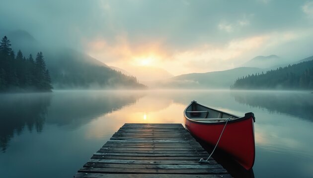 Red canoe docked on a misty lake pier at sunrise. Calm water reflects mountains covered in trees and fog. Peaceful nature scene for outdoor adventure or quiet contemplation.