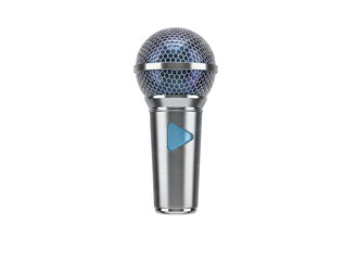 A Modern Metallic Microphone With A Blue Play Button Accent And A Textured Head Featuring Blue Crystals And Silver Accents Isolated On A Black Background With Subtle Reflections