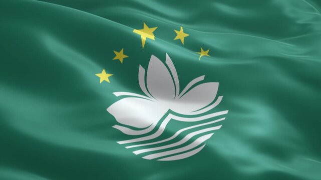 Macau sar special administrative region flag waving, featuring a lotus flower, bridge, and five gold stars on a vibrant green field, symbolizing prosperity and a bright future.
