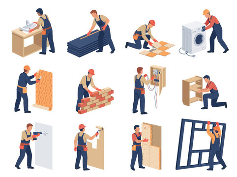 Isometric set of construction workers and handymen during home renovation and repair. Flat Vector Illustrations. EPS Editable