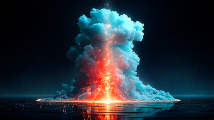 Explosive Fusion: An abstract, awe-inspiring display of energy unleashed, with a vibrant cloud of energy, igniting with fiery power and light.