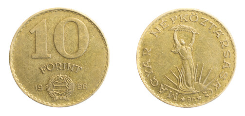 Hungary ten forints coin on white isolated background