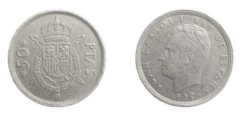 Spain fifty  ptas coin on a white isolated background