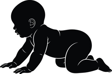 Crawling baby silhouette illustration showing infant development pose, newborn child outline, toddler growth concept, black vector artwork design