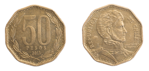 Chile fifty pesos coin on a white isolated background