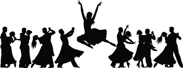 Group of elegant dancers in various ballroom and ballet poses, dynamic silhouette illustration showing dance movement, performance art and choreography concept