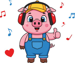 Cute cartoon pig listening to music with headphones and thumbs up, adorable animal character illustration for kids, entertainment and musical themes