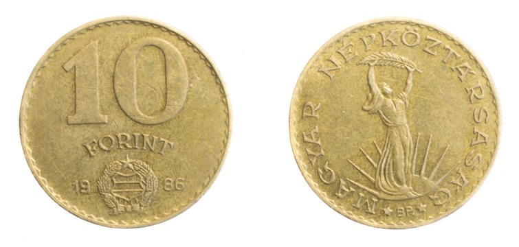 Hungary ten forints coin on white isolated background