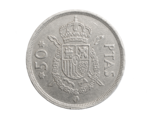 Spain fifty  ptas coin on a white isolated background